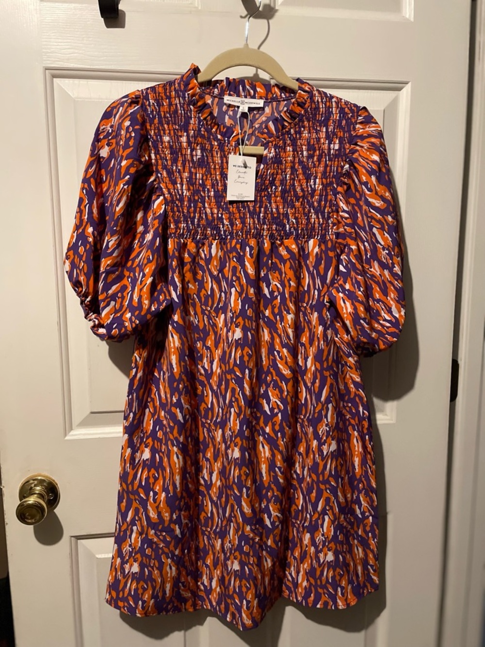 Smocked Puff-Sleeve Casual Dress in Purple & Orange